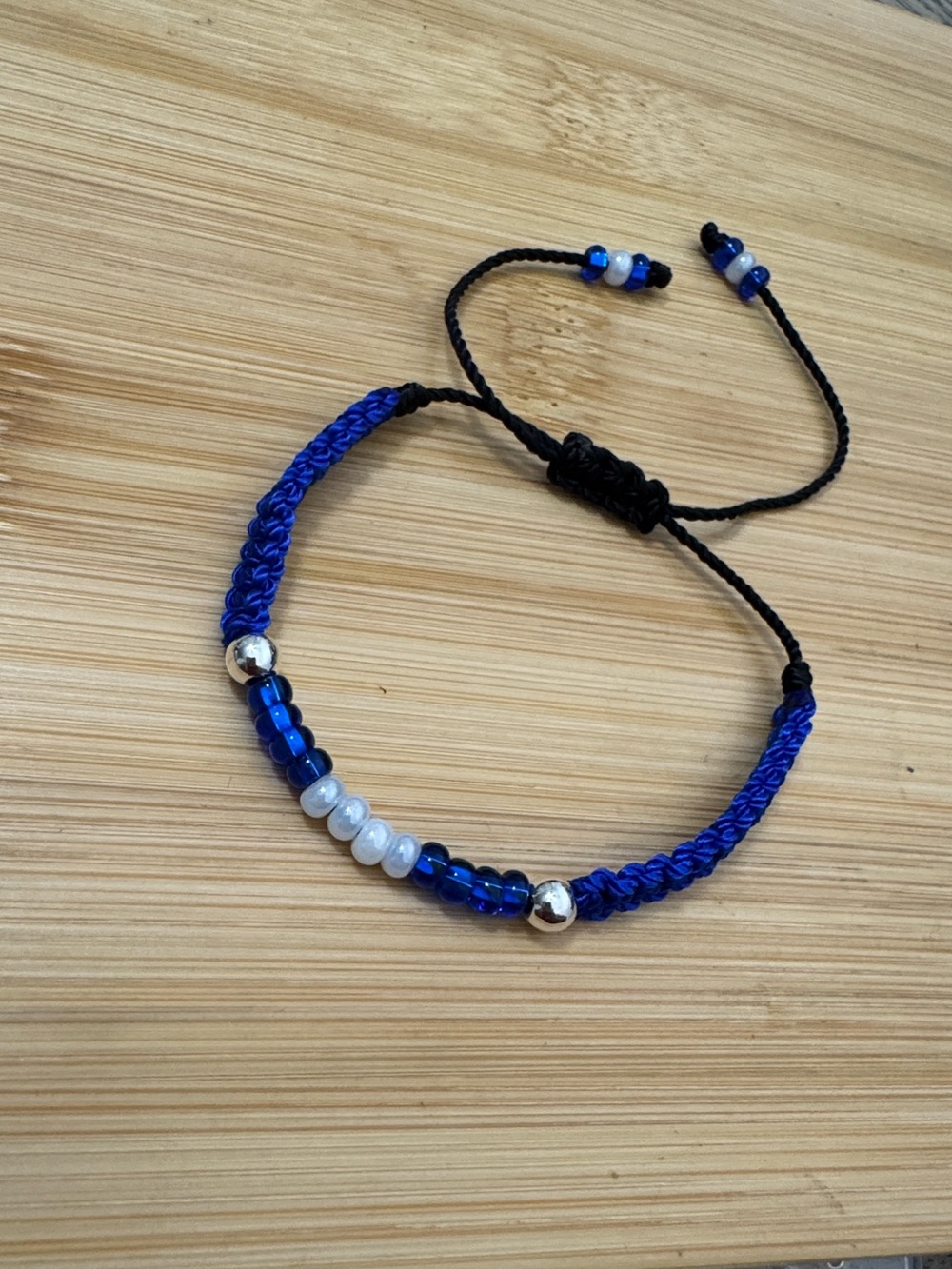 Adjustable Blue and White Beaded Macrame Bracelet with Stainless Steel Accents